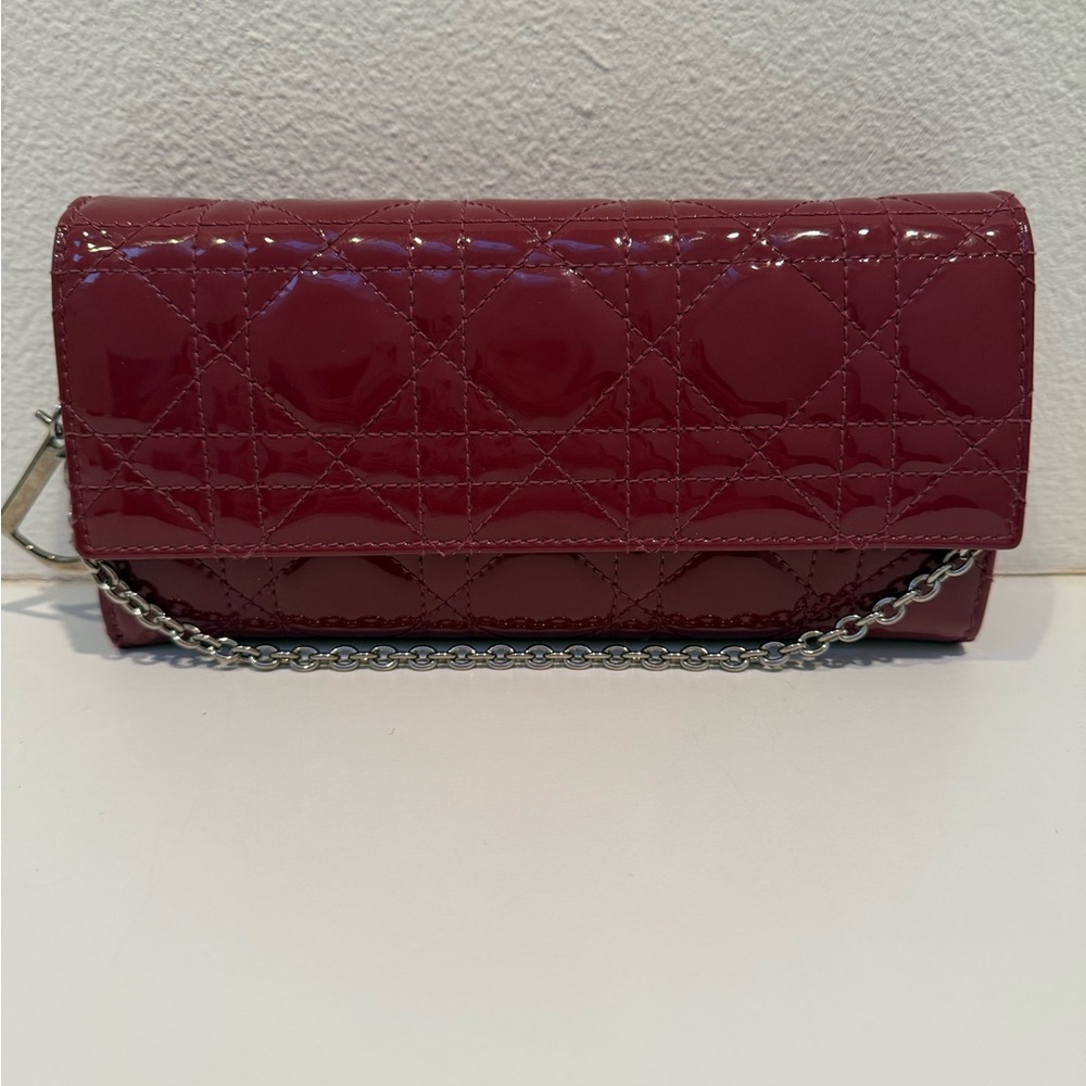 Christian Lady Dior Fuchsia Patent Leather Cannage Rendezvous Wallet Chain WOC - Picture 3 of 11